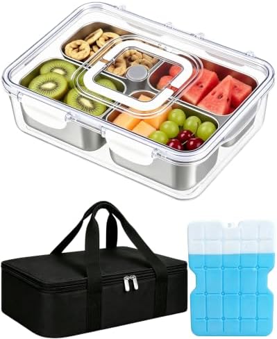 Snackle Box Container, Stainless Steel Divided Serving Tray with Lid and Handle,Large Snack Tray for Fruit Veggie, 4-Compartment Snack Platter for Travel Party Beach Picnic,with Ice Pack(Silver White)