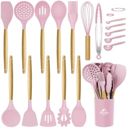 MIBOTE Silicone Cooking Kitchen Utensils Set, Wooden Handle, Pinky