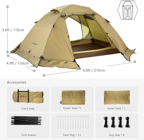 BISINNA 4 Season Tent for Backpacking Winter Tents 2 Person Lightweight Cold Weather Tents Waterproof Double Layer All Season Tent Aluminum Alloy Poles Easy Set Up for Camping, Hiking, Outdoor