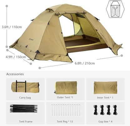 BISINNA 4 Season Tent for Backpacking Winter Tents 2 Person Lightweight Cold Weather Tents Waterproof Double Layer All Season Tent Aluminum Alloy Poles Easy Set Up for Camping, Hiking, Outdoor