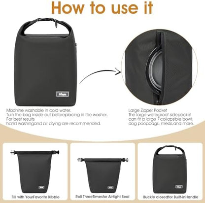 Pet Food Storage Bag Dog Food Travel Bag with 2PCS Collapsible Dog Travel Bowls Waterproof Kibble Storage Container for Road Trips Camping (Black, Small)