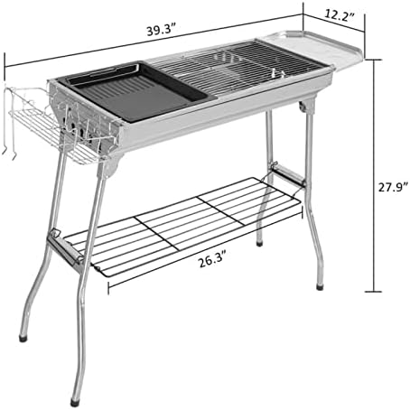 Portable Charcoal BBQ Grill, Foldable Smoker Tall Barbecue Grill Charcoal Outdoor Lightweight for Cooking Camping Hiking Picnics Tailgating Backpacking Garden Beach Party (39.3"L x 27.9"H)