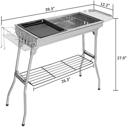 Portable Charcoal BBQ Grill, Foldable Smoker Tall Barbecue Grill Charcoal Outdoor Lightweight for Cooking Camping Hiking Picnics Tailgating Backpacking Garden Beach Party (39.3"L x 27.9"H)
