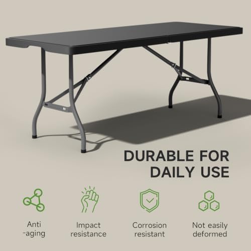 Heavy Duty Folding Table, Sturdy Portable Foldable Table with Safety Lock, Indoor Outdoor Use for Camping Party, 6/8 Foot (Standard, Black, 6FT-10 Pack)