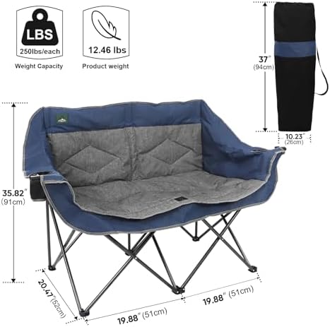 Northroad Folding Loveseat Camping Chair Portable Double Duo Full Padded Garden Chair for 2 Person Sofa w/ 2 Cup Holder,Wine Glass Holder,Mesh Storage,Support 500lbs for Picnic Beach Travel(Blue)