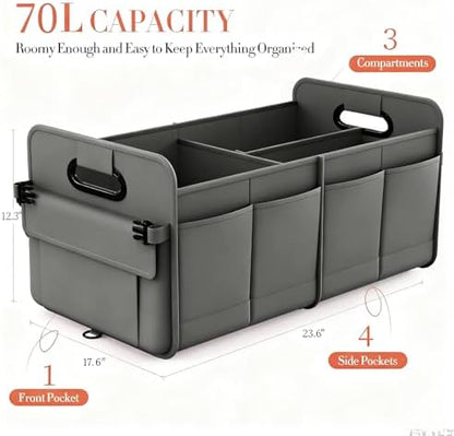 titiyiof Trunk Organizer SUV, Car Organizers and Storage, NOT-FLIMSY ANTI-SLIDE 70L Spacious Collapsible Sturdy Trunk Organizer for Grocery/Car Accessories/Women Men's Gift, Gray