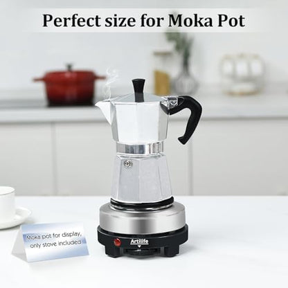Artilife 500W Mini Electric Hot Plate - Moka Pot Special, 110V Compact RV Camping Stove, 4" Cast Iron Burner for Coffee, Low Wattage Portable (Silver)
