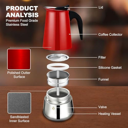 6 Cup Stovetop Espresso Maker Stainless Steel Moka Pot Stove Top Percolator Italian Coffee Makers Capable Mocha Greca Machine Cafe Classic Induction Cookers for Home and Camping 300ml 10oz