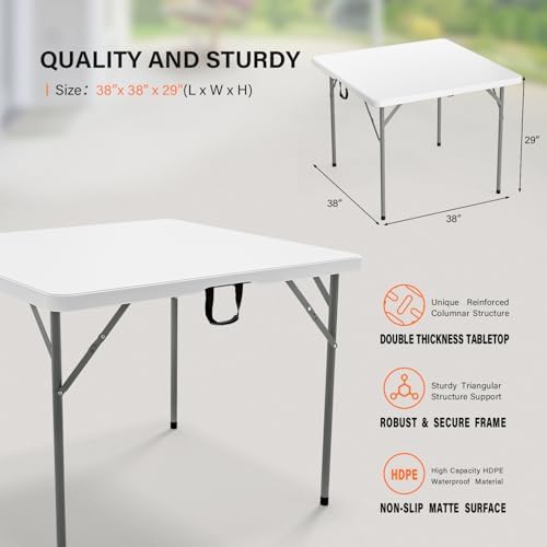 VINGLI 38" Fold in Half Square Table, Bi-Folding Commercial Portable Plastic Dining Table for Kitchen Outdoor Party Wedding Event, White