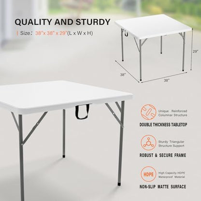 VINGLI 38" Fold in Half Square Table, Bi-Folding Commercial Portable Plastic Dining Table for Kitchen Outdoor Party Wedding Event, White