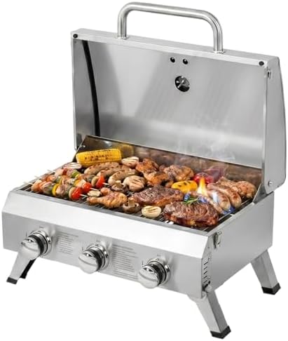 Bonnlo 3 Burner Portable Gas Grill, 30,000 BTU Tabletop Camping Grill with Ignition & Lockable Lid, Stainless Steel Propane Grill with Foldable Legs & Thermometer for Outdoor Patio BBQ RV Use