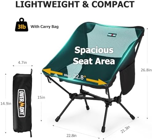 Overmont Ultralight Portable Camping Chair- Lightweight Folding Backpacking Chair, Support up to 330Lbs Compact Beach Chair for Adults with Carry Bag for Backpack Hiking Fishing Outdoor Camp 2pcs