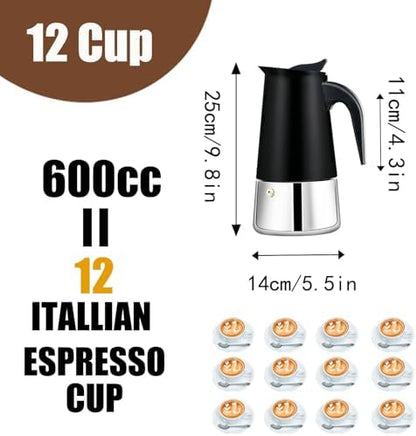 12 Cup Stovetop Espresso Maker Stainless Steel Moka Pot Stove Top Percolator Italian Coffee Makers Capable Mocha Greca Machine Cafe Classic Induction Cookers for Home and Camping 600ml 20oz