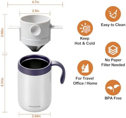 MACIFECI 16oz Pour Over Coffee Maker with Foldable Filter Stirrer Coffee Pot Portable Coffee Maker for Travel Camping Offices Backpacking Outdoor White