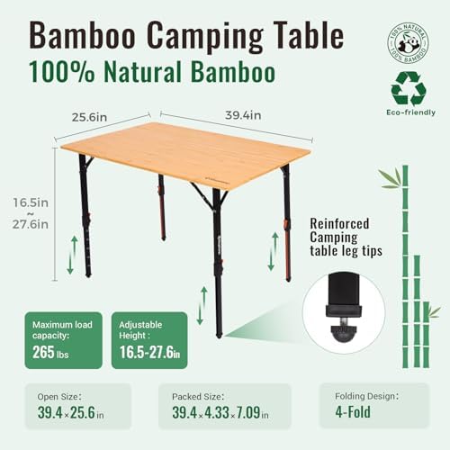 KingCamp Bamboo Folding Camping Table with Adjustable Legs