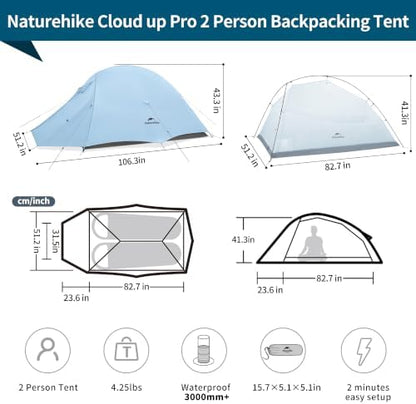 Naturehike Cloud-Up 2 Person Tent Lightweight Backpacking Tent with Footprint - Free Standing Ultralight Camping Hiking Backpack Tents Two Person Tent