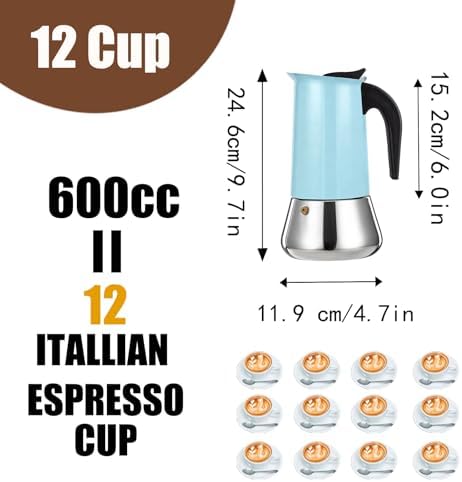 12 Cup Stovetop Espresso Maker Stainless Steel Moka Pot Stove Top Percolator Italian Coffee Makers Capable Mocha Greca Machine Cafe Classic Induction Cookers for Home and Camping 600ml 20oz