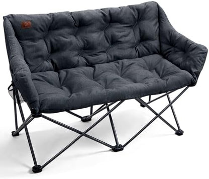 EVER ADVANCED Double Camping Chair for Adults, Padded Folding Camping Loveseat Bench with Side Pocket Portable Camping Couch, Two Person Heavy Duty Outdoor Chair with Cushion,Support 600lbs, Black