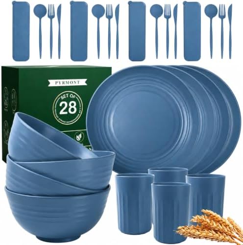 PYRMONT Wheat Straw Dinnerware Sets 28 Pcs Bowls and Plates Set(Blue)