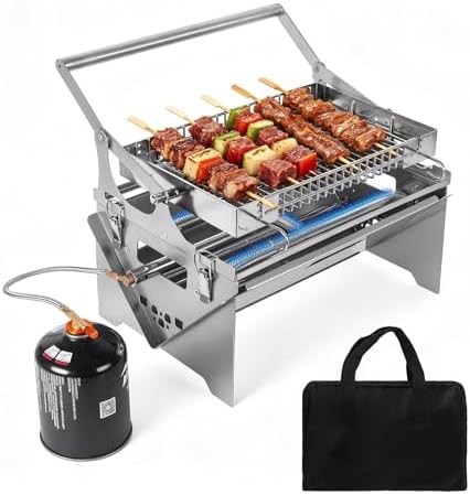 Portable Gas Grill,360° Rotating Charcoal Grill,Stainless Steel Flipping Camping Barbecue Grill with Carry Bag,Detachable BBQ Grill & Fire Pit for Outdoor Cooking,Camping,Tailgating, Patio & Backyard