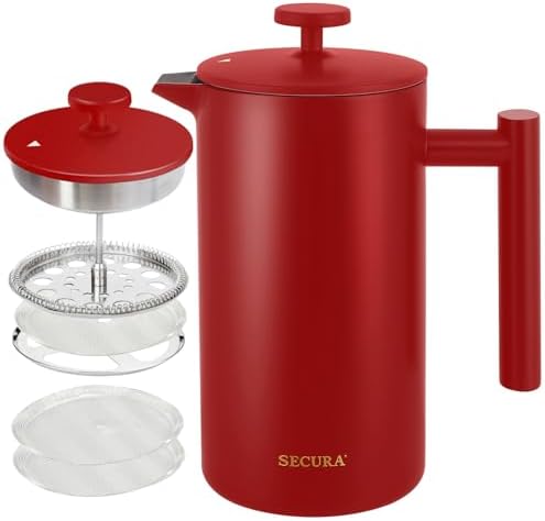 Secura French Press Coffee Maker, 304 Grade Stainless Steel Insulated Coffee Press with 2 Extra Screens, 34oz (1 Litre), Red