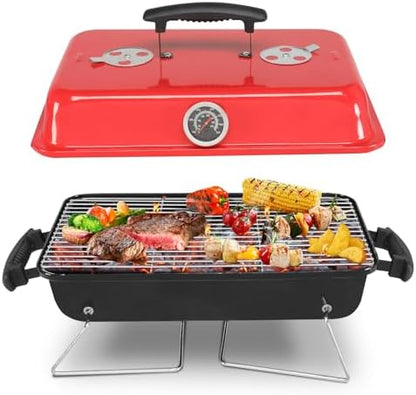 20.8" Portable Enameled Charcoal Grill,Tabletop Outdoor Barbecue Smoker,Heavy Duty Outdoor BBQ Grill,Vertical Camping Barbecue Grill,with Thermometer,for Garden Patio Beach Backyard (Black & Red)