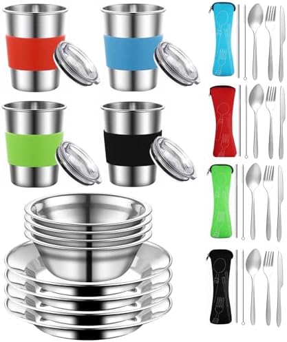 Camping Mess Kit Stainless Steel Utensils Camping Cookware Set for 4 Person