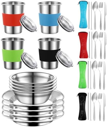 Camping Mess Kit Stainless Steel Utensils Camping Cookware Set for 4 Person