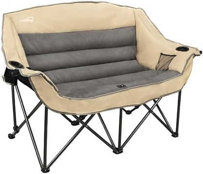 Double Folding Camping Chair Fully Padded Loveseat Camping Couch Oversized 2 Person Lawn Chair Sofa w/Cup Holder,Wine Glass Holder,Mesh Storage for Patio Picnic Beach,Support 600lbs,Beige