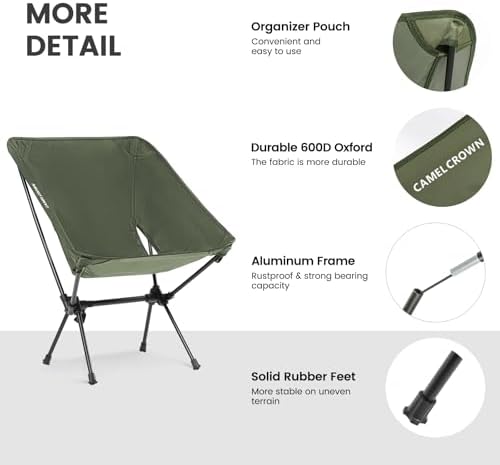 CAMEL CROWN Portable Camping Chair Folding Compact Lawn Lightweight Backpacking Chair with Carry Bag for Outdoor Hiking Beach Travel Picnic Festival Army Green 2pc