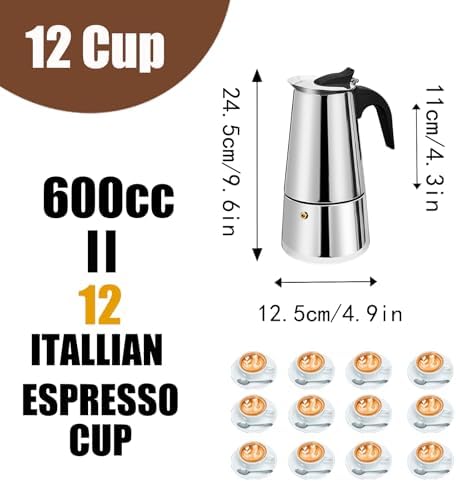 12 Cup Stovetop Espresso Maker Stainless Steel Moka Pot Stove Top Percolator Italian Coffee Makers Capable Mocha Greca Machine Cafe Classic Induction Cookers for Home and Camping 600ml 20oz