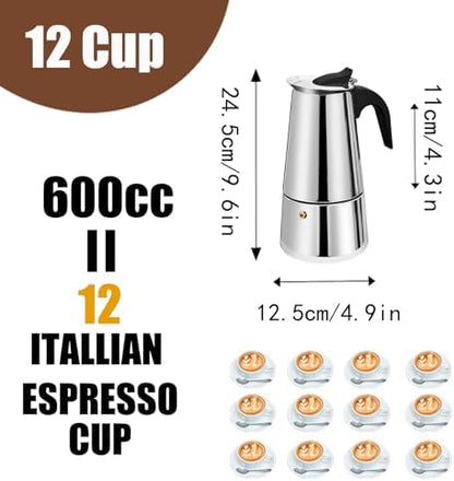 12 Cup Stovetop Espresso Maker Stainless Steel Moka Pot Stove Top Percolator Italian Coffee Makers Capable Mocha Greca Machine Cafe Classic Induction Cookers for Home and Camping 600ml 20oz