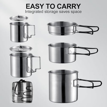 Stainless Steel Camping Cookware Mess Kit - Portable Backpacking Cooking Set with Pot/Plates/Cups & Storage Bag, Outdoor Cookware for Hiking, Picnic, Camping & Backpacking Adventures（8PCS）