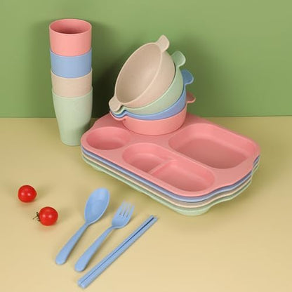 24 Pcs Wheat Straw Dinnerware Cutlery Sets,Unbreakable Divided Plates Bowls Cups Spoon Knife Fork for 4 People,Microwave Dishwasher Safe Tableware Cutlery for Party and Daily Use,Mix Color 3