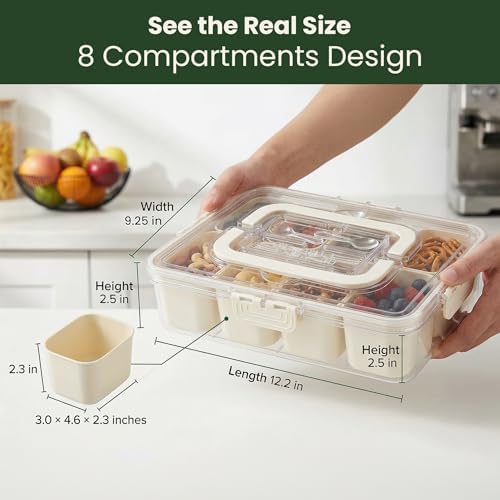 Snackle Box Container 2 Pack with Lid & Handle | BPA-Free 8-Compartment Divided Serving Tray, Snack Tackle Box & Snack Organizer, Portable Charcuterie Board with Lid & Utensil Tray for Party & Travel