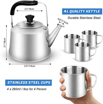 Odoland 3.8Qt Stainless Steel Camping Tea Kettle Set with 4 Cups