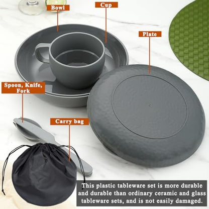 Berglander Camping Mess Kit with Bowl, Plate, Cup, Spoon, Fork, Knife and Carry Bag, Plastic Camping Accessories Essentials Gear for Travel, Camping, Picnic, Outdoor, Easy to Carry & Store