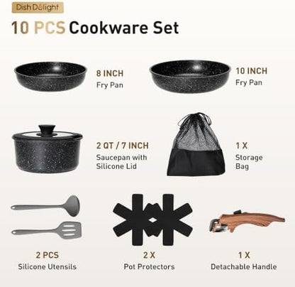 DishDelight Removable Handle Pots and Pans, 10 Piece Cookware Set Non Stick