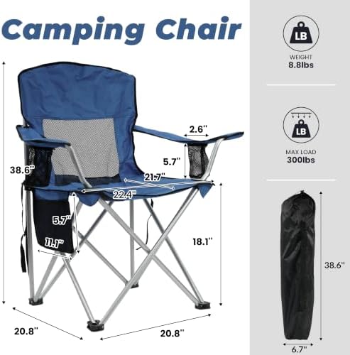 HULKFIT Folding Camping Chairs, Portable Outdoor Beach Lawn Chair for Adults with Carry Bag & Built-in Cup Holder, Casual Foldable Chair for Picnic Fishing Garden,Navy Blue