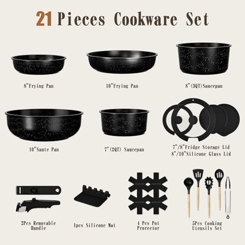 Umite Chef 21Pcs Pots and Pans Set Non Stick, Nonstick Ceramic Cookware Sets Detachable Handle, Non Toxic Healthy Induction Cookware, Kitchen Cooking Set, with Frying Pans Set, Dishwasher/Oven Safe