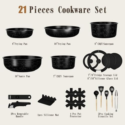 Umite Chef 21Pcs Pots and Pans Set Non Stick, Nonstick Ceramic Cookware Sets Detachable Handle, Non Toxic Healthy Induction Cookware, Kitchen Cooking Set, with Frying Pans Set, Dishwasher/Oven Safe