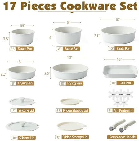 SENSARTE 17 Piece Nonstick Detachable Handle Pots and Pans Set White