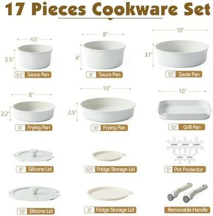 SENSARTE 17 Piece Nonstick Detachable Handle Pots and Pans Set White