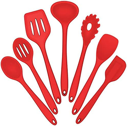 Silicone Cooking Utensils Set, E-far 7-Piece Red Heat Resistant Kitchen Utensils Set, Kitchen Nonstick Tools Spatula Ladle Spoon Pasta Server for Non-stick Cookware, Non-Toxic & Dishwasher safe