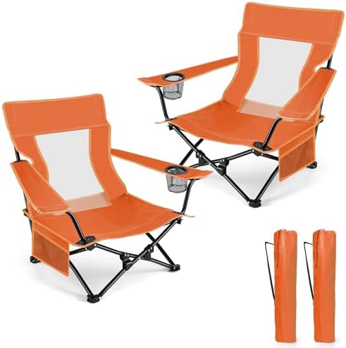 HaSteeL Low Beach Chairs, 2Pcs Folding Camping Lawn Chairs - Orange