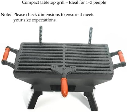 Sungmor Compact Cast Iron Charcoal Grill - Tabletop BBQ Grill with Adjustable Grate & Wooden Handles, 12” x 7” Ideal for 1-3 People - Portable Heavy-Duty Grill for Camping, Balcony & Small Spaces
