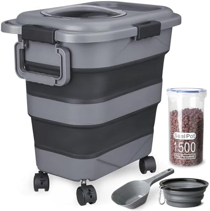 Dog Food Storage Container，23-25 lbs Airtight Collapsible Cat Food Storage Container with Attachable Wheels, Portable Handle, Dog Food Scoop for Dog Cat Bird Pet Dry Food Storage Bin Dark Grey