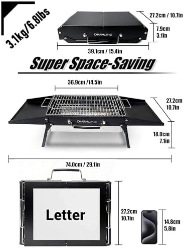 Charmline 15x11 inches Portable Charcoal Grill, Compact Portable BBQ Grill, Tabletop Charcoal Grills for Camping, Picnics, Gardens and Beach Parties, Black