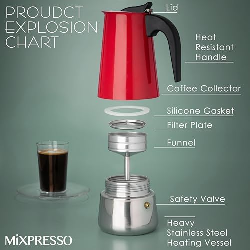 Mixpresso 6 Cup Greca Moka Pot Red Stainless Steel Stovetop Espresso Maker