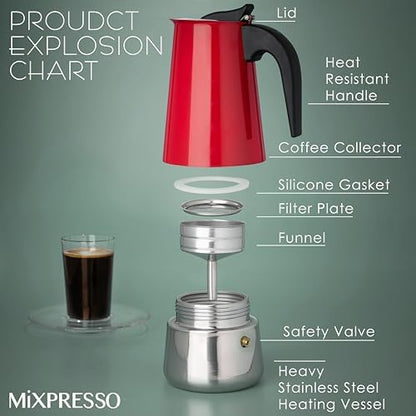 Mixpresso 6 Cup Greca Moka Pot Red Stainless Steel Stovetop Espresso Maker